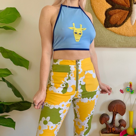 Vintage Tops - Vintage 70s giraffe cropped halter top S/M